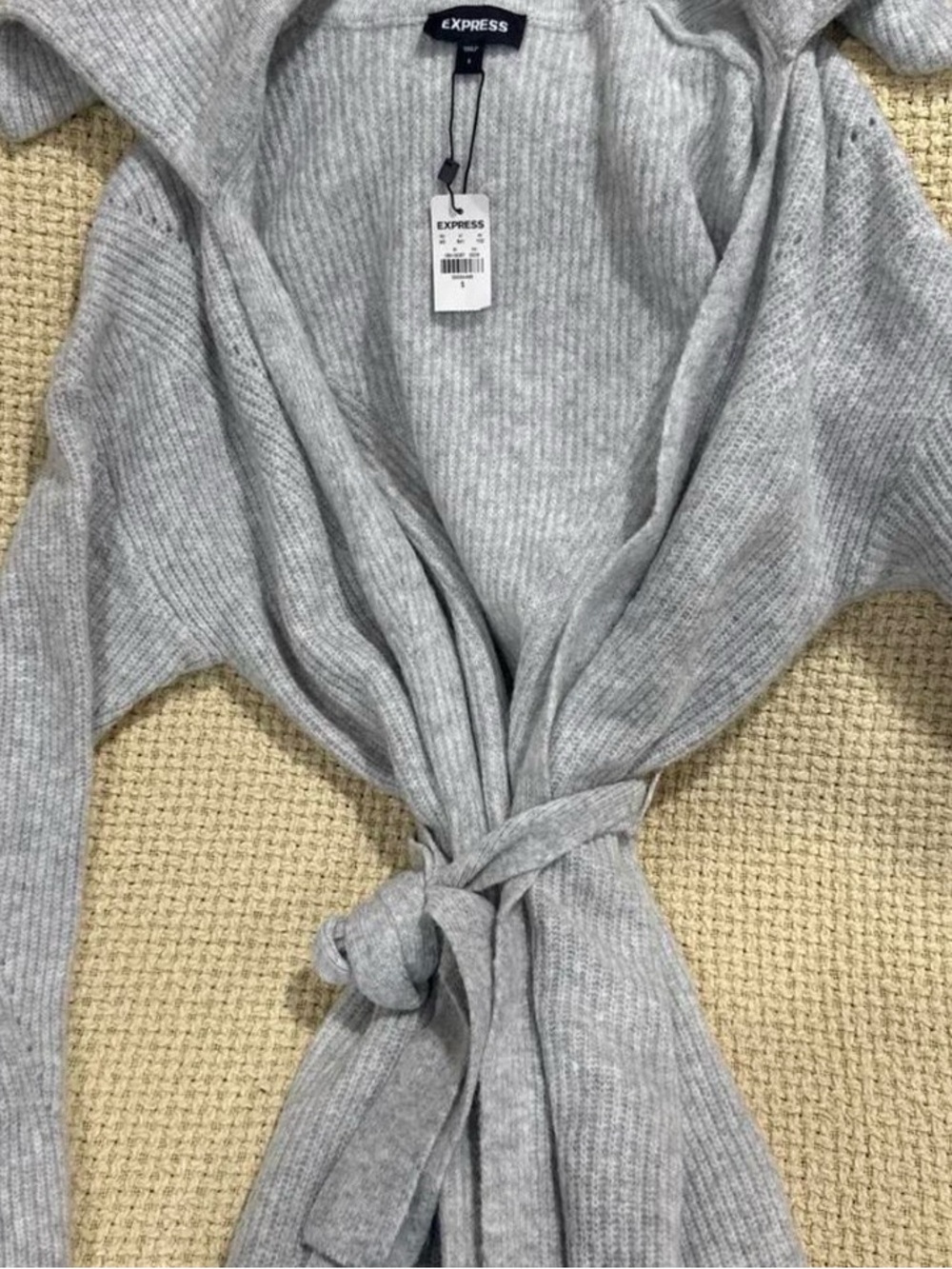 Express Women's Light Gray Ribbed Wrap Cardigan with Tie